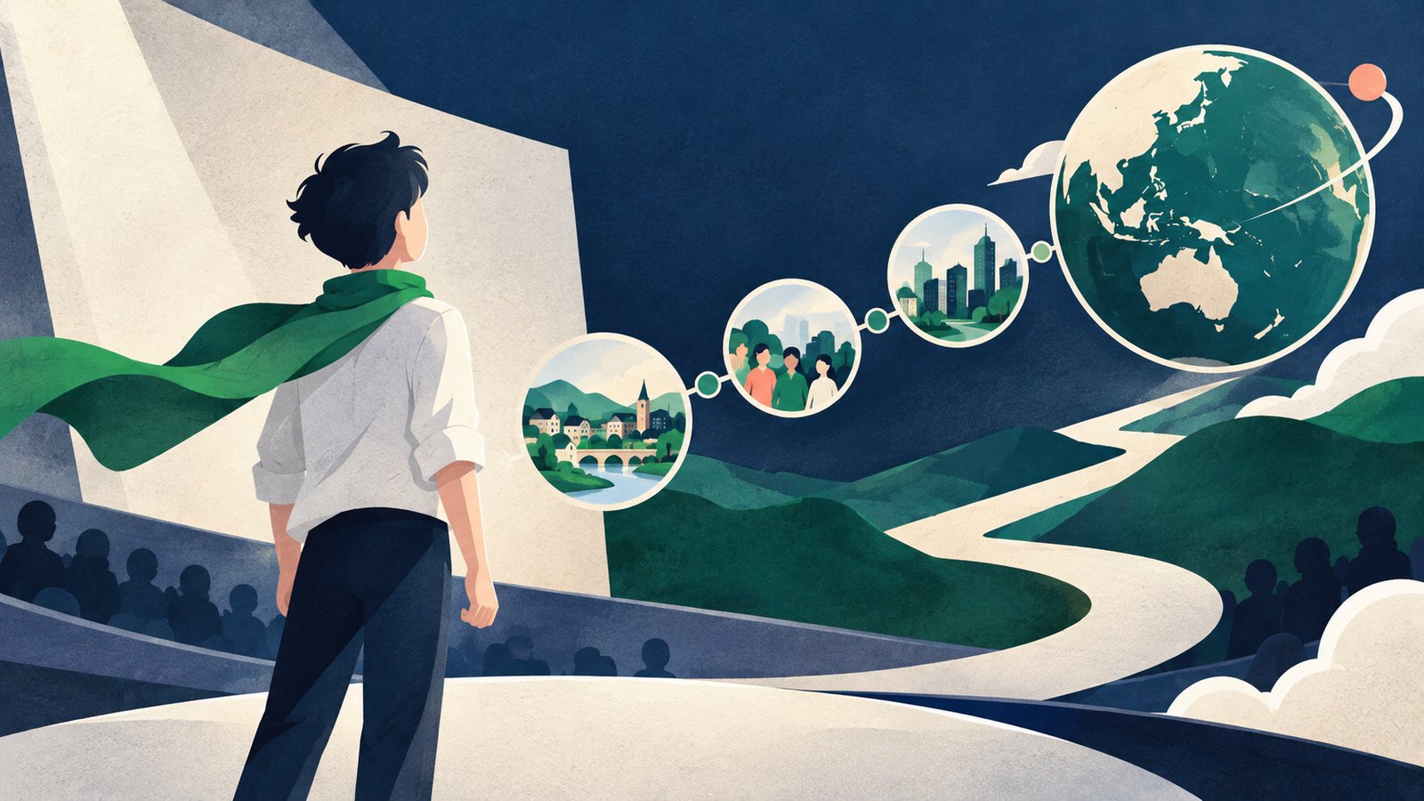 学生起業家が世界へ挑戦する姿を表現したイメージイラスト